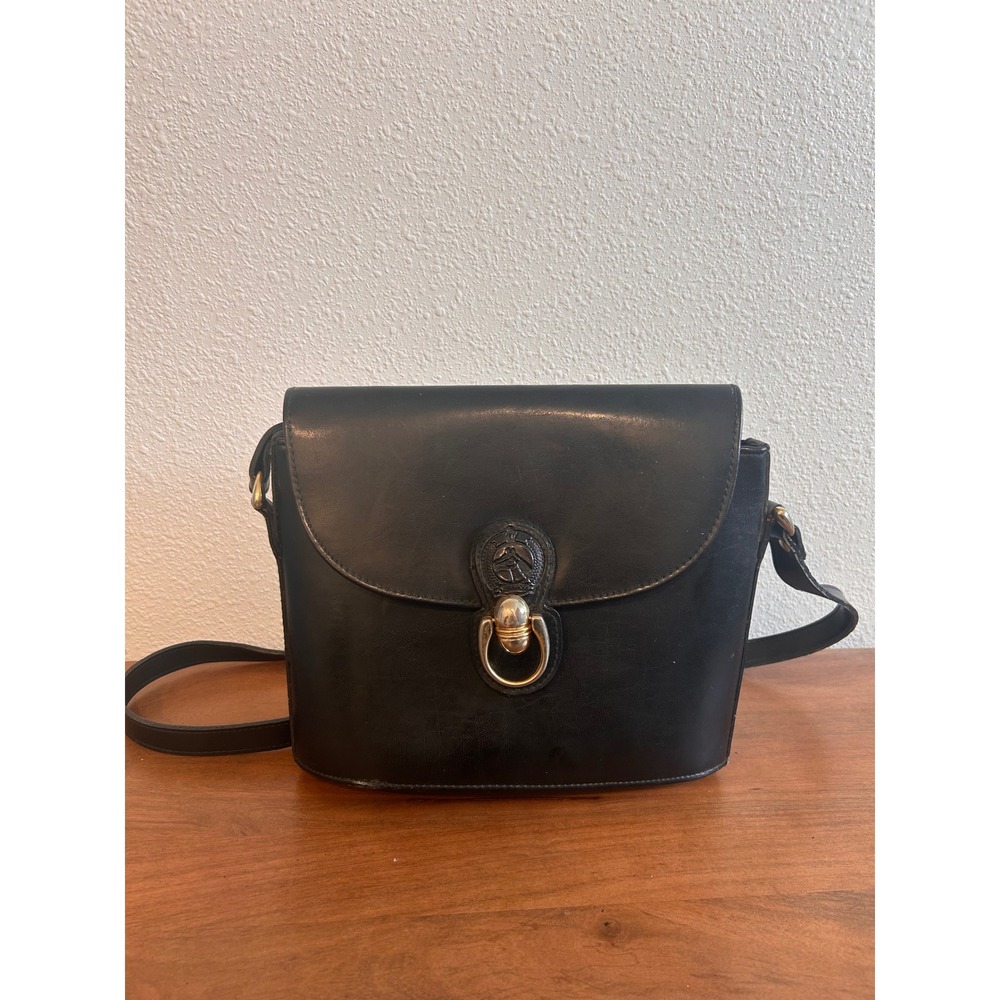 Vintage Black Leather Equestrian Crossbody Bag Horse Crest Gold Hardware - Picture 1 of 10
